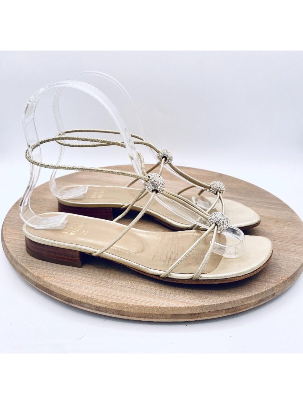 Stuart Weitzman Sandals Womens 5.5/6 Gold Leather Ankle Strap Flats Rhinestone